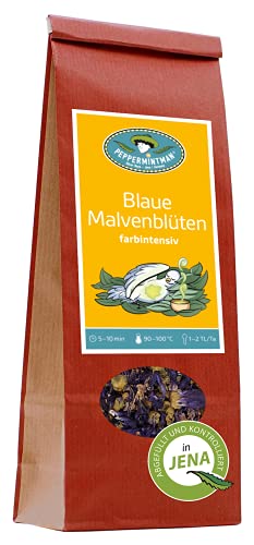 Blaue Malvenblüten für Kräutertee – Tee färbt sich 1-5 Minuten blau – PeppermintMan – Papiertüte (60g)